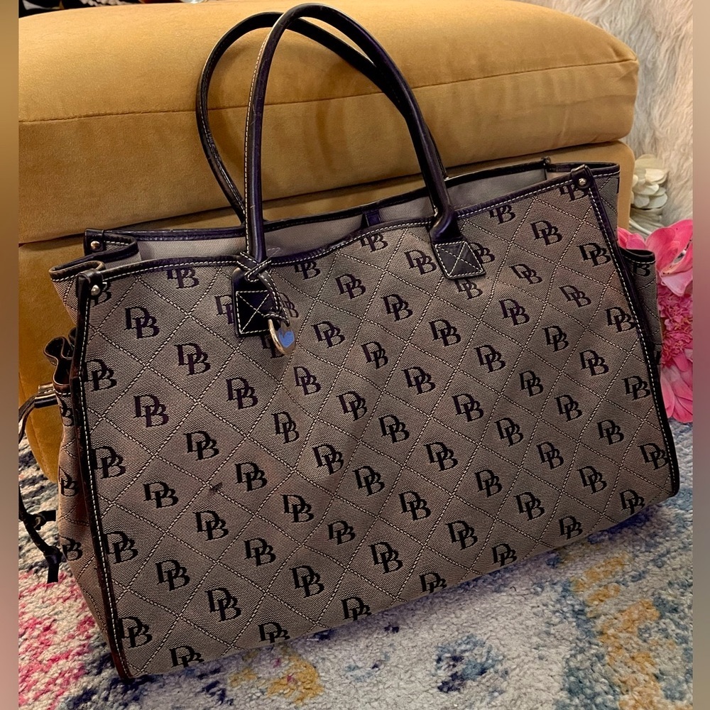 Vintage Dooney & Bourke Extra Large Tote Bag, canvas, logo print, leather trim